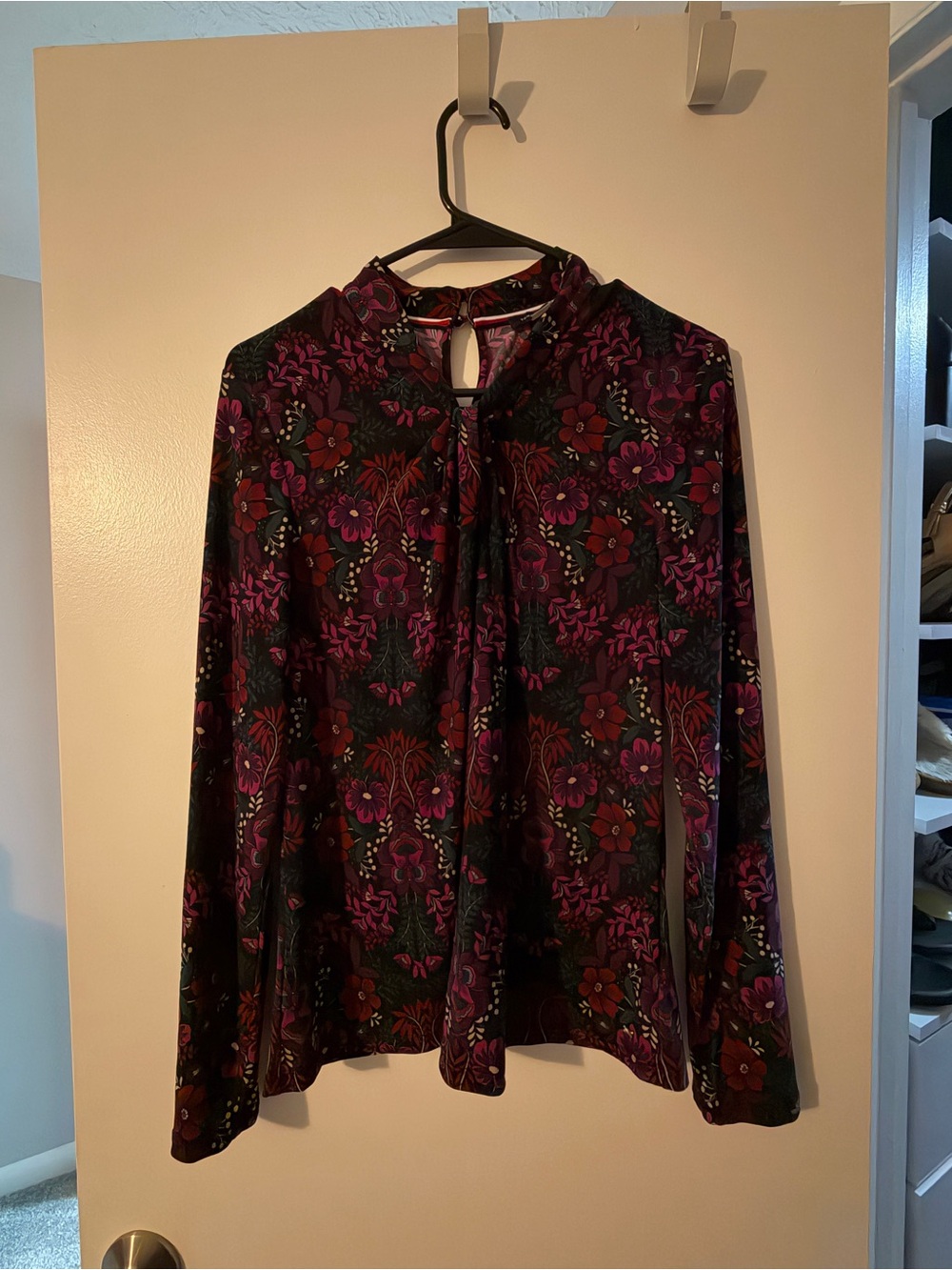 Tommy Hilfiger Black Floral Tie-Neck Blouse with Purple Accents